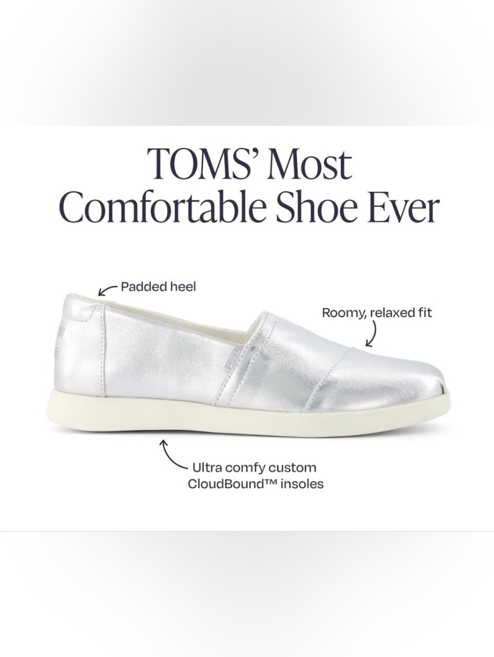 Sz 6.5 - TOMS Alpargata Plus Silver Metallic Slip-On Casual Shoe
